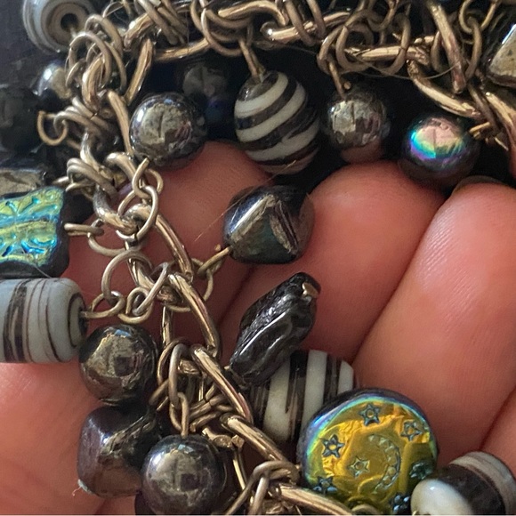 Black Blue Glass Beaded Bracelet Large Chunky Kinetic Statement iridescent charm - Picture 9 of 10